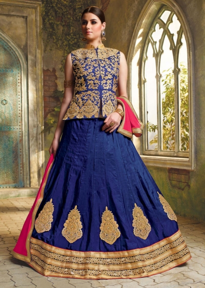 Blue Satin Embroidered Festive Lehenga choli 10472