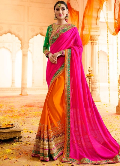 Orange bottle green and rani silk and georgette wedding saree