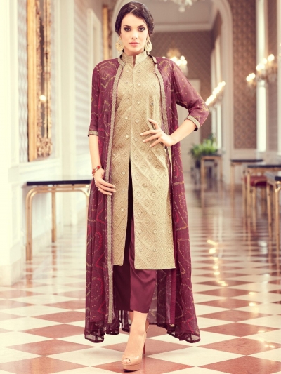 Beige and wine color party wear pant style suit