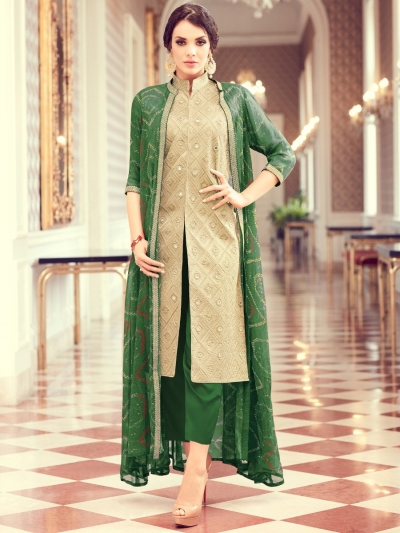 Beige and green color party wear pant style suit