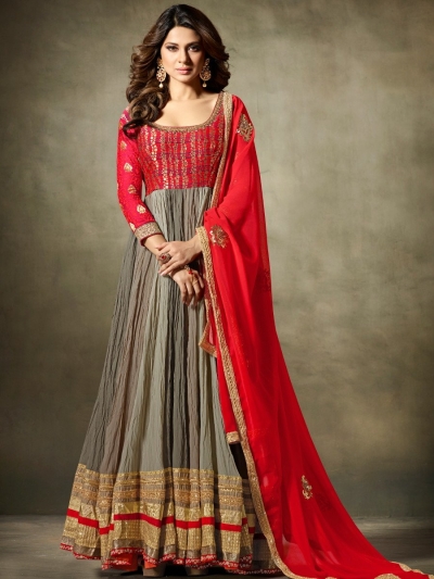 Jennifer Winget Grey and red crushed georgette anarkali