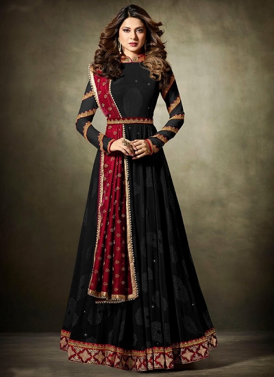 Jennifer Winget Black and maroon Lycra jacquard anarkali