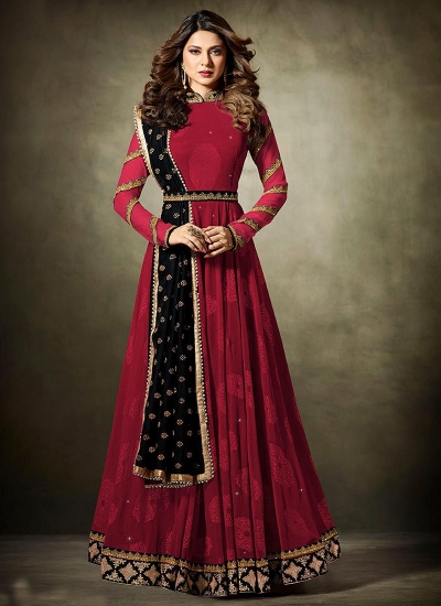 Jennifer Winget Maroon and Black Lycra jacquard anarkali