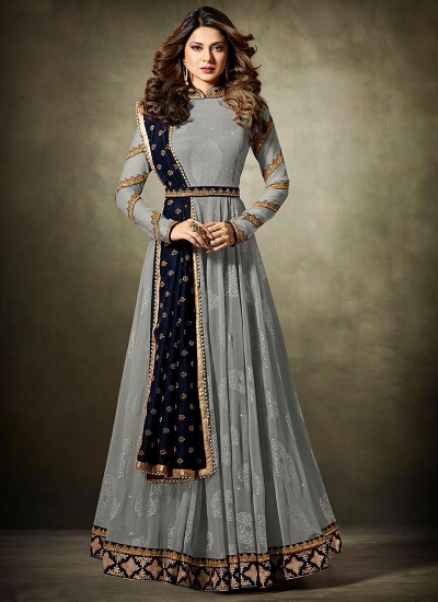 Jennifer Winget Grey and Navy blue Lycra jacquard anarkali