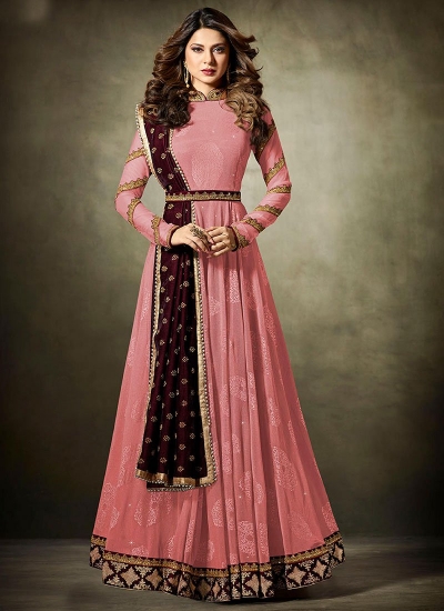 Jennifer Winget Pink and Maroon Lycra jacquard anarkali