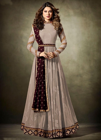 Jennifer Winget Beige and Maroon Lycra jacquard anarkali