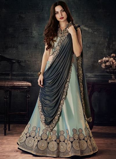 Dual tone green and blue tafetta silk wedding lehenga choli