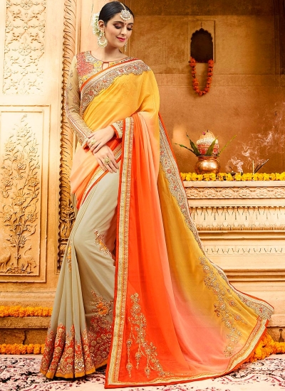 Yellow orange and peach shaded georgette wedding saree