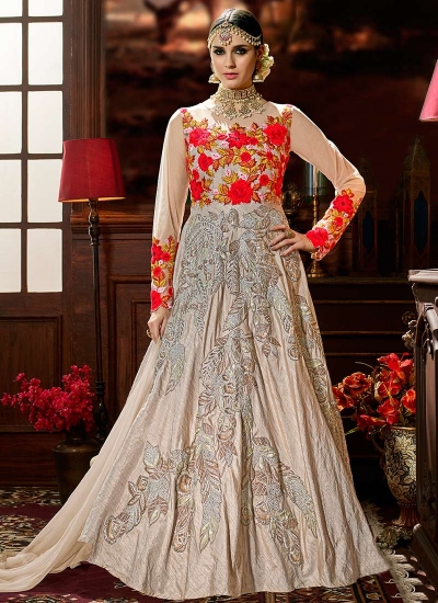 Beige color lenning silk wedding anarkali