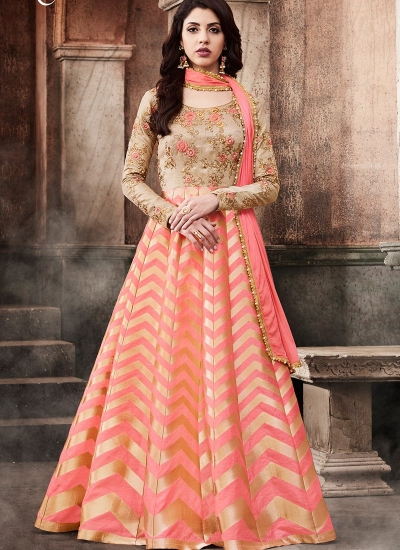 Peach and beige dhupion and brocade wedding anarkali