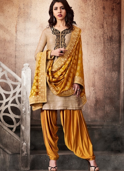 Beige and mustard color khadi silk wedding anarkali