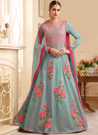 Grey color pure mulberry silk wedding anarkali