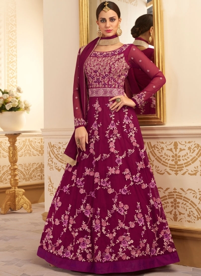 Dark purple silk and net wedding anarkali