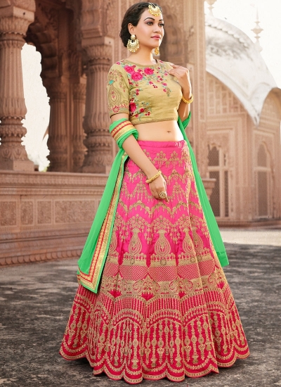 Pink and beige banarasi silk wedding lehenga choli