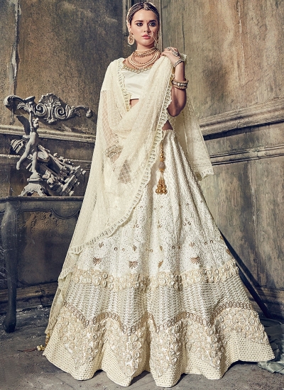 Cream color pure satin wedding lehenga choli