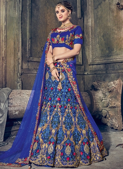 Royal blue net wedding lehenga choli