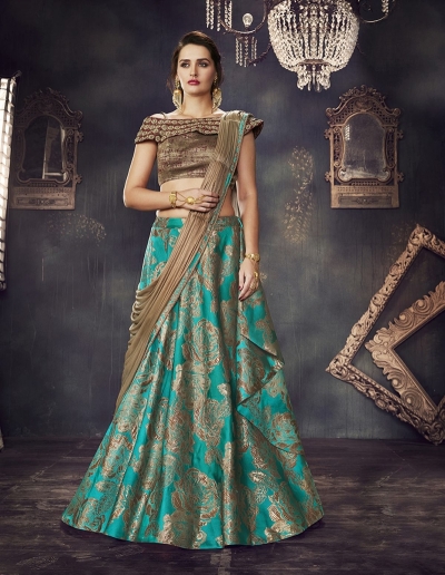 Turquoise brocade wedding lehenga choli