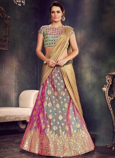 Green and purple two tone silk wedding lehenga choli