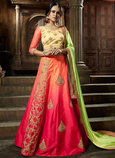 Peach and pink satin silk wedding lehenga choli