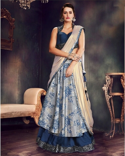 Blue and grey brocade wedding lehenga choli