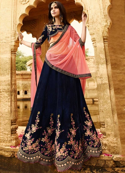 Buy Navy blue two tone velvet wedding lehenga choli in UK USA and Canada