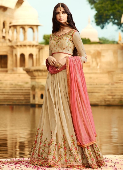 Beige and pink silk wedding lehenga choli