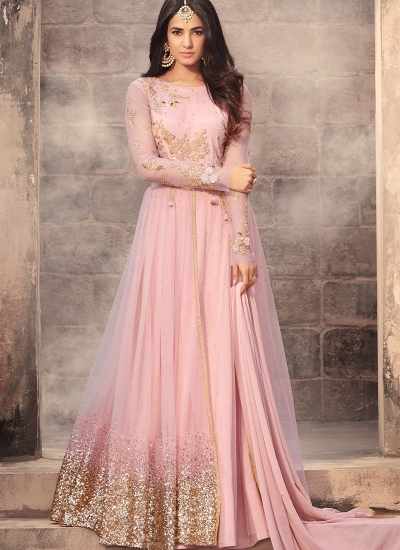 Sonal Chauhan baby pink net wedding anarkali