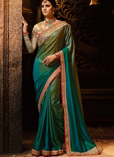 Peacock blue and green silk Party wear saree