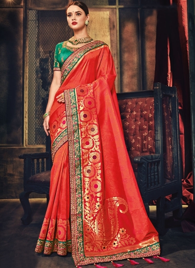 Orange and green Banarasi pure silk wedding wear saree