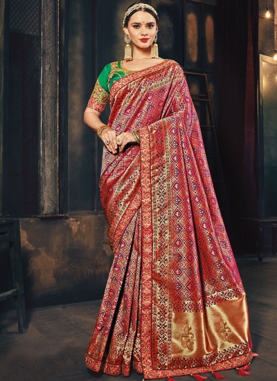 Pink and green Banarasi pure silk wedding wear saree