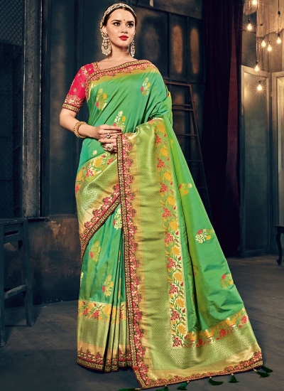 Green and pink Banarasi pure silk wedding wear saree