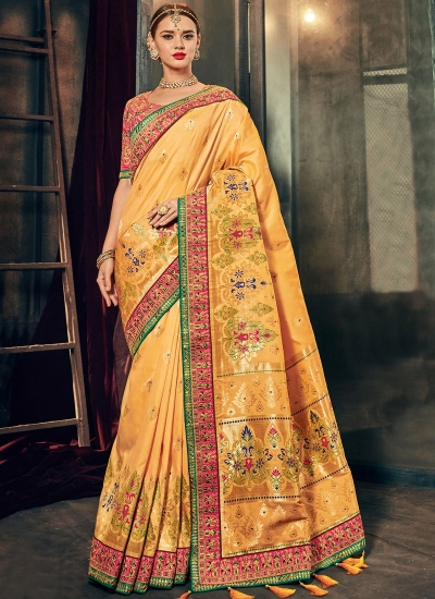 Yellow and pink Banarasi pure silk wedding wear saree