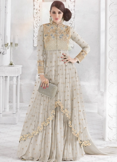 Grey color georgette and net party wear ghaghara 2-in-1 look