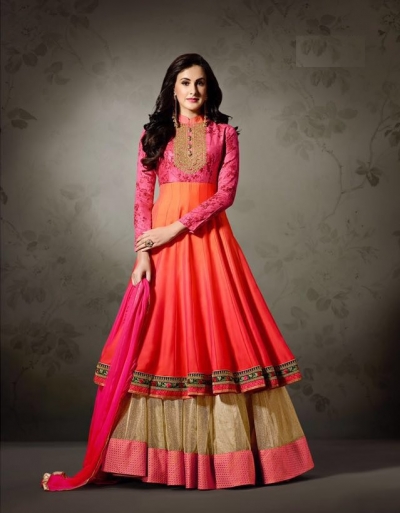 Orange pink shaded satin anarkali