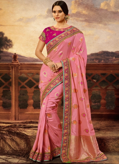 Pink color silk wedding wear saree