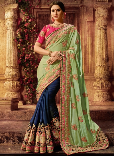 Green and blue silk wedding wear saree