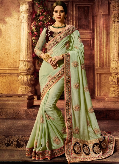 Green and wine color silk wedding wear saree