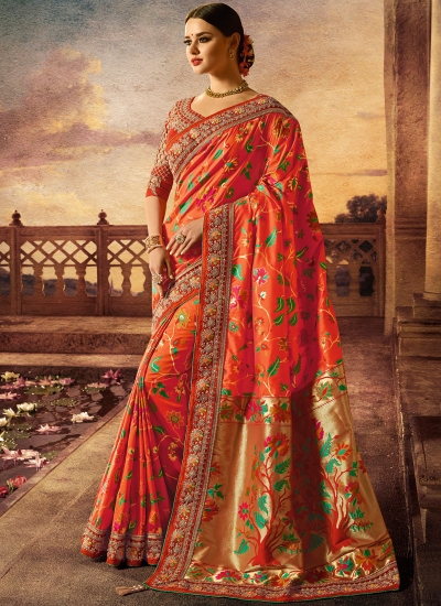 Orange color silk wedding wear saree