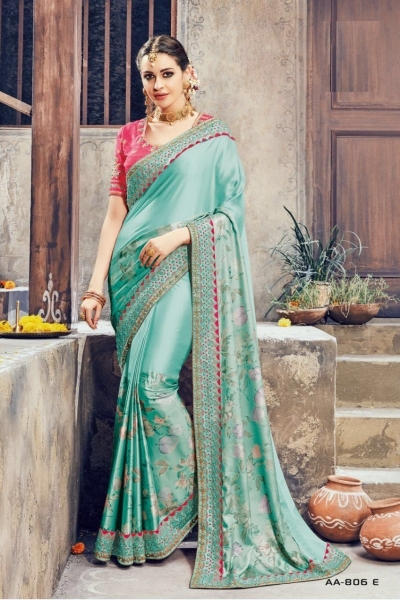 Sky blue and pink crepe satin wedding wear saree