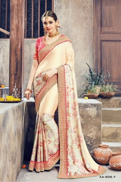 Cream and pink crepe satin wedding wear saree
