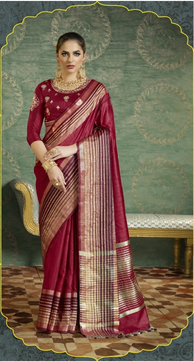 Maroon color handloom weaving silk saree