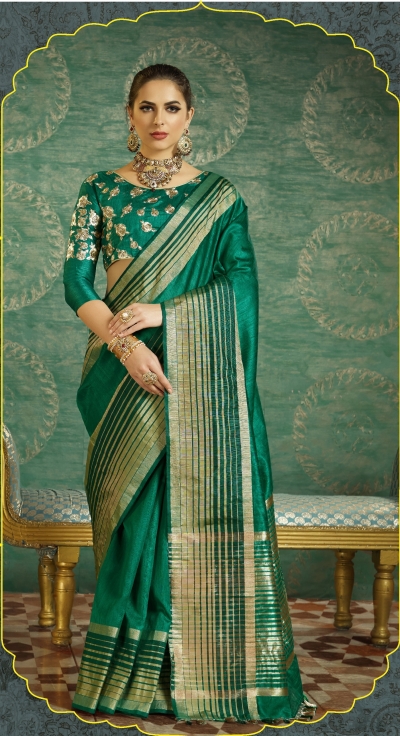 Dark green handloom weaving silk saree