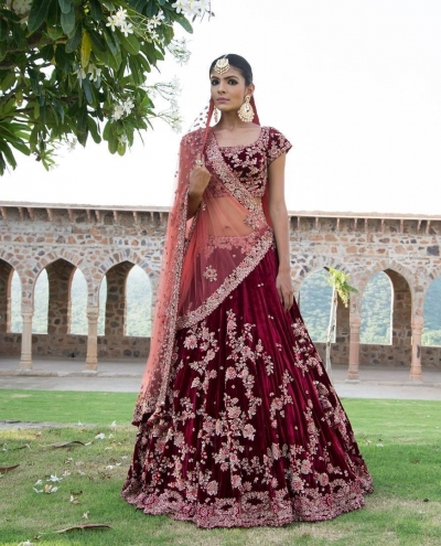 Inspired Maroon silk velvet wedding lehenga