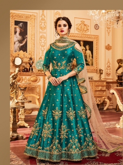 Rama green silk wedding wear anarkali suit