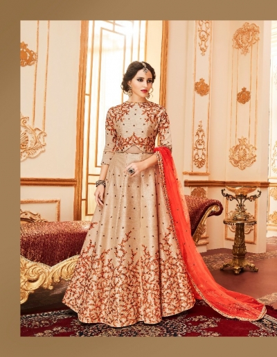 Beige silk wedding wear anarkali suit