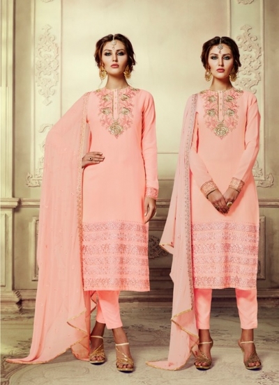 Peach georgette straight cut salwar kameez