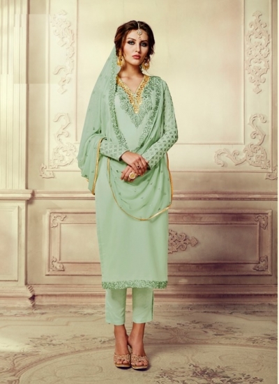 Olive green georgette straight cut salwar kameez