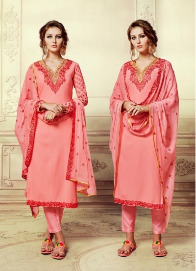 Pink georgette straight cut salwar kameez