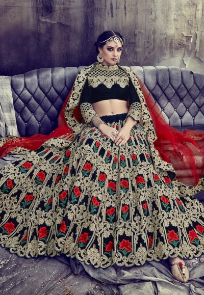 Blue color velvet embroidered wedding lehenga