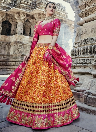 Yellow and pink color wedding lehenga